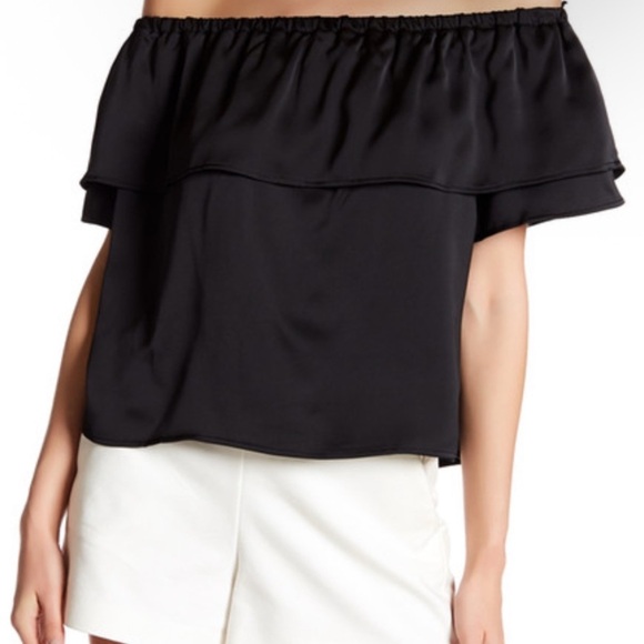 Harlowe & Graham Black Off Shoulder Ruffle Satin Dressy Chic Blouse Top Small S - Picture 1 of 6